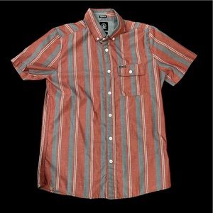 Volcom Mens Red & Gray Striped Short Sleeve Shirt
